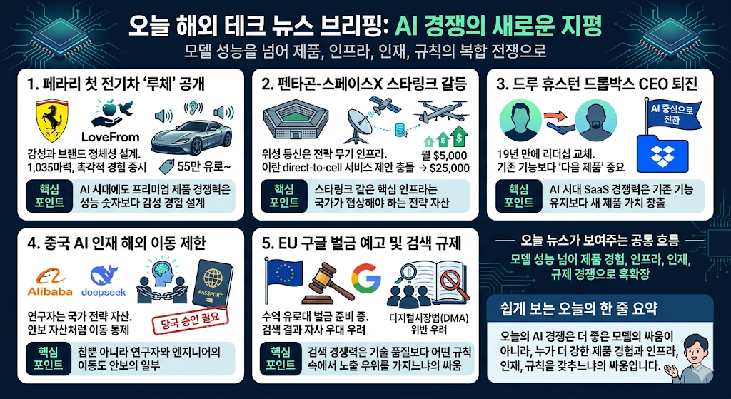 페라리 첫 전기차, 펜타곤과 스페이스X 충돌, 드루 휴스턴 퇴진, 중국의 AI 인재 해외 이동 제한, EU의 구글 벌금 예고