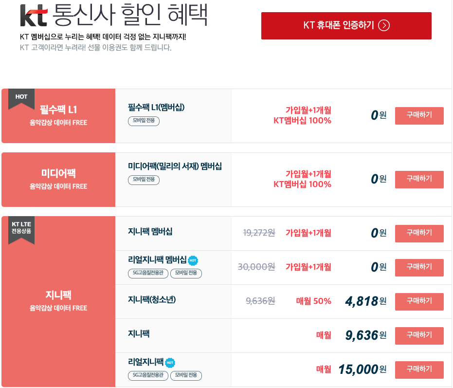 kt 지니 뮤직 무료 요금제
