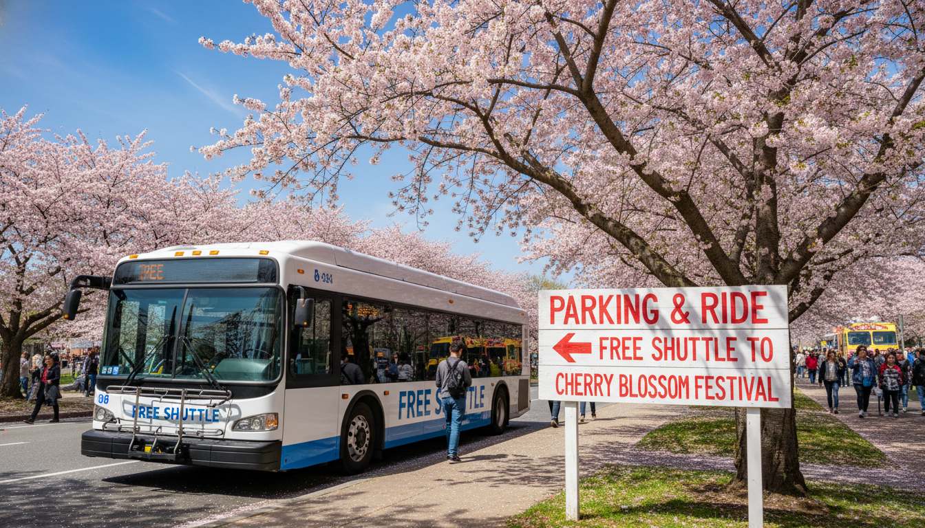 진해군항제 외곽 임시주차장과 행사장으로 향하는 편리한 무료 셔틀버스 탑승장