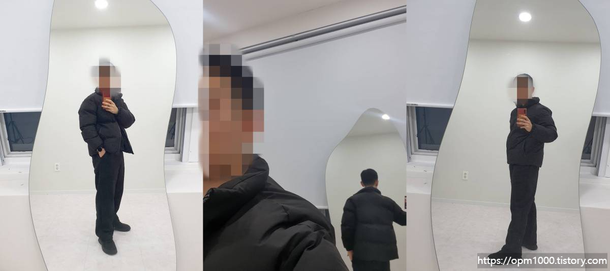 해외직구-테무-겨울-패딩-거울샷-옆모습-뒷모습-오른쪽-왼쪽-어깨-라인