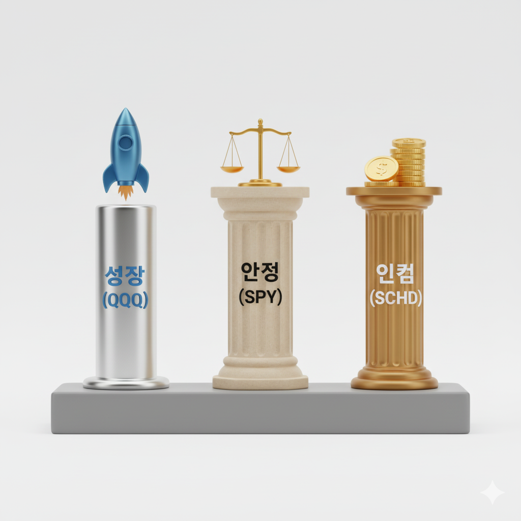 성장(QQQ-로켓), 안정(SPY-저울), 인컴(SCHD-동전)의 특징을 각기 다른 아이콘으로 비교하는 3D 인포그래픽