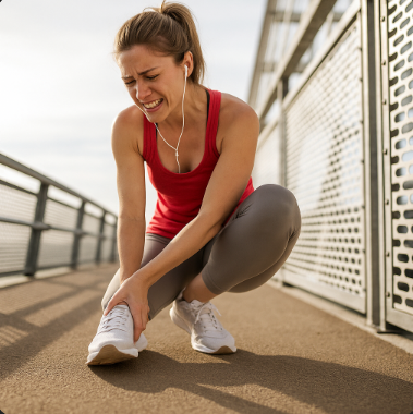 운동 중 발목이 시큰거려 고통스러워 하는 모습