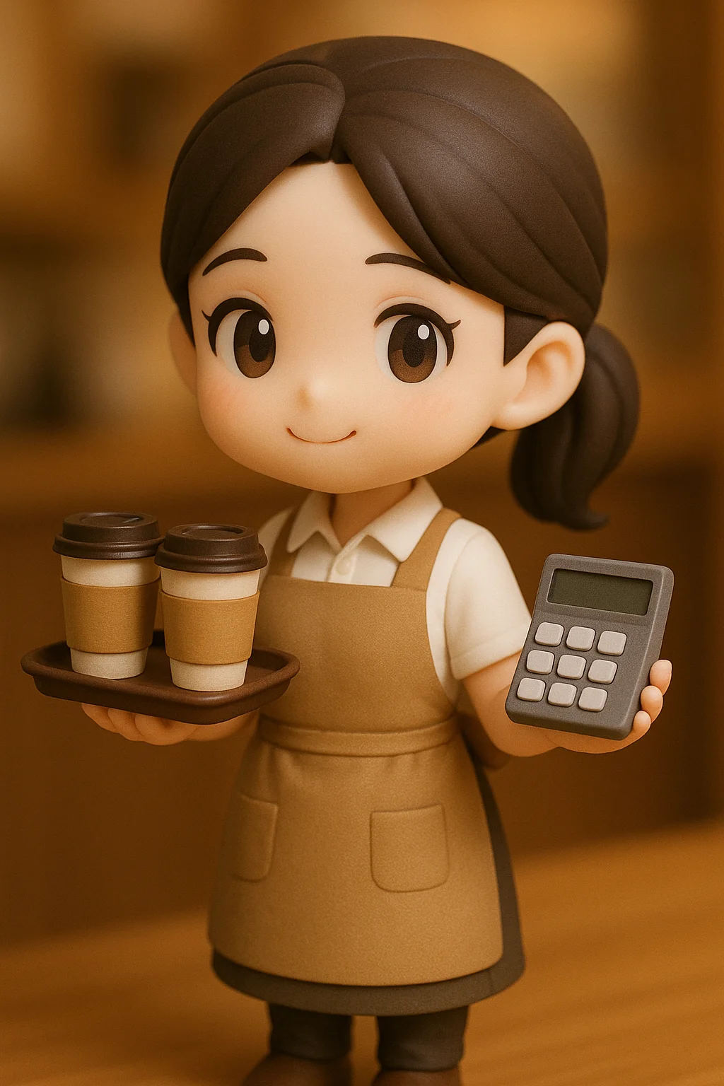 앞치마를 두른 20대 초반 한국 여성 카페 알바생 피규어. 환하게 웃으며 한 손에는 아이스 아메리카노, 다른 손에는 계산기를 들고 있다. 현실적인 소품 디테일, 귀여운 SD(슈퍼 디포르메) 스타일