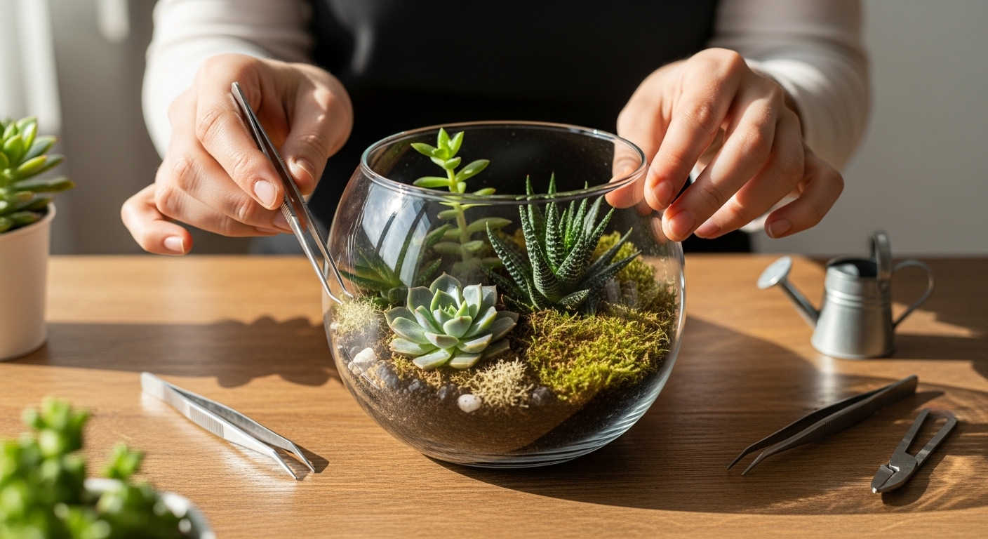 유리 테라리움 안에 작은 식물들을 심고 가꾸는 손. 집에서 즐기는 홈 가드닝 취미의 평화로움을 표현.