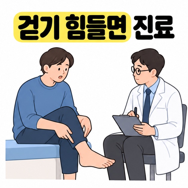 걷기 힘들면 진료 문구 아래 남성이 발 쪽을 가리키며 설명하고 의사가 기록하며 듣는 그림