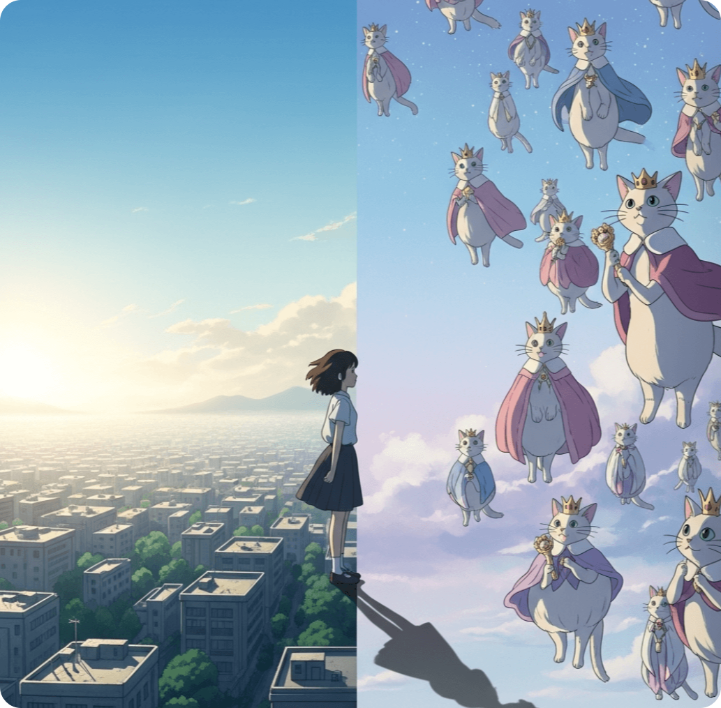 alt="현실의 도시와 고양이 왕국의 경계에 선 하루. 한쪽은 따뜻한 현실의 빛, 다른 한쪽은 환상의 달콤한 어둠으로 표현되어, 도피와 자아 회복의 심리적 갈등을 상징하는 일러스트."