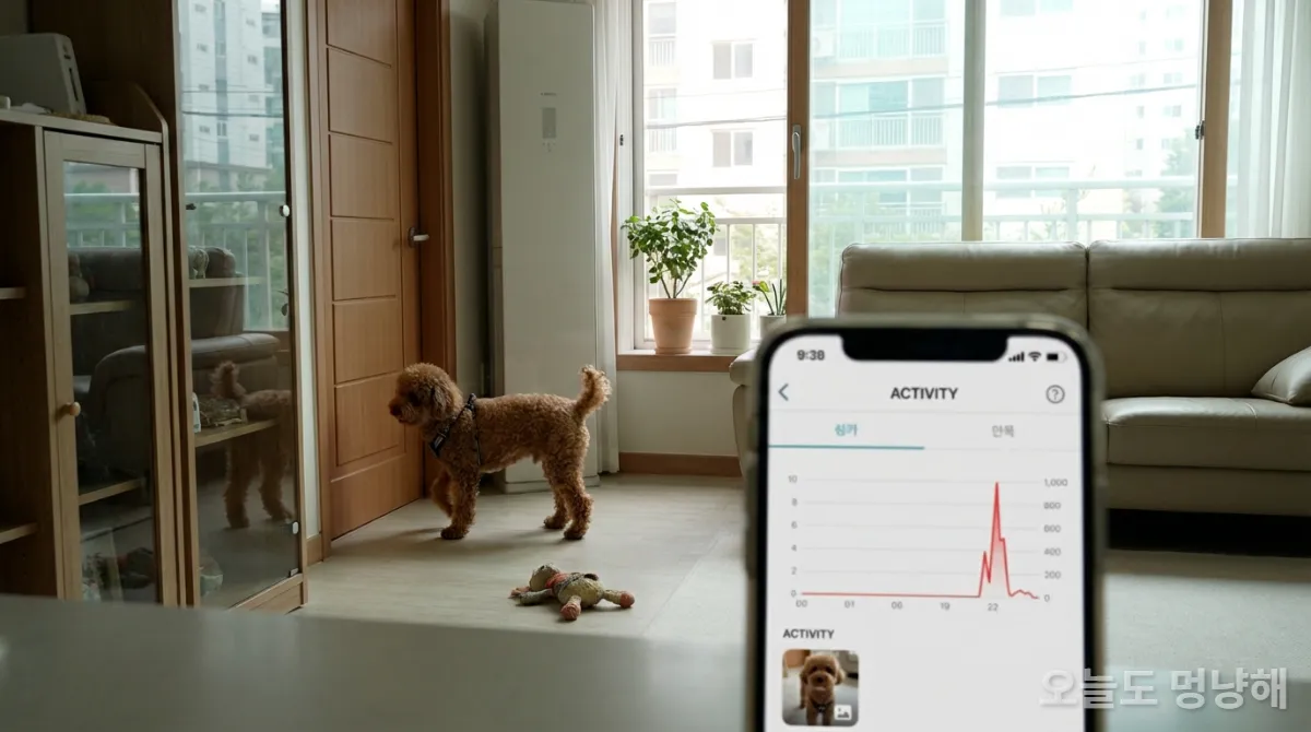 AI 행동 분석 앱 화면과 함께 문제 행동을 보이는 한국 푸들