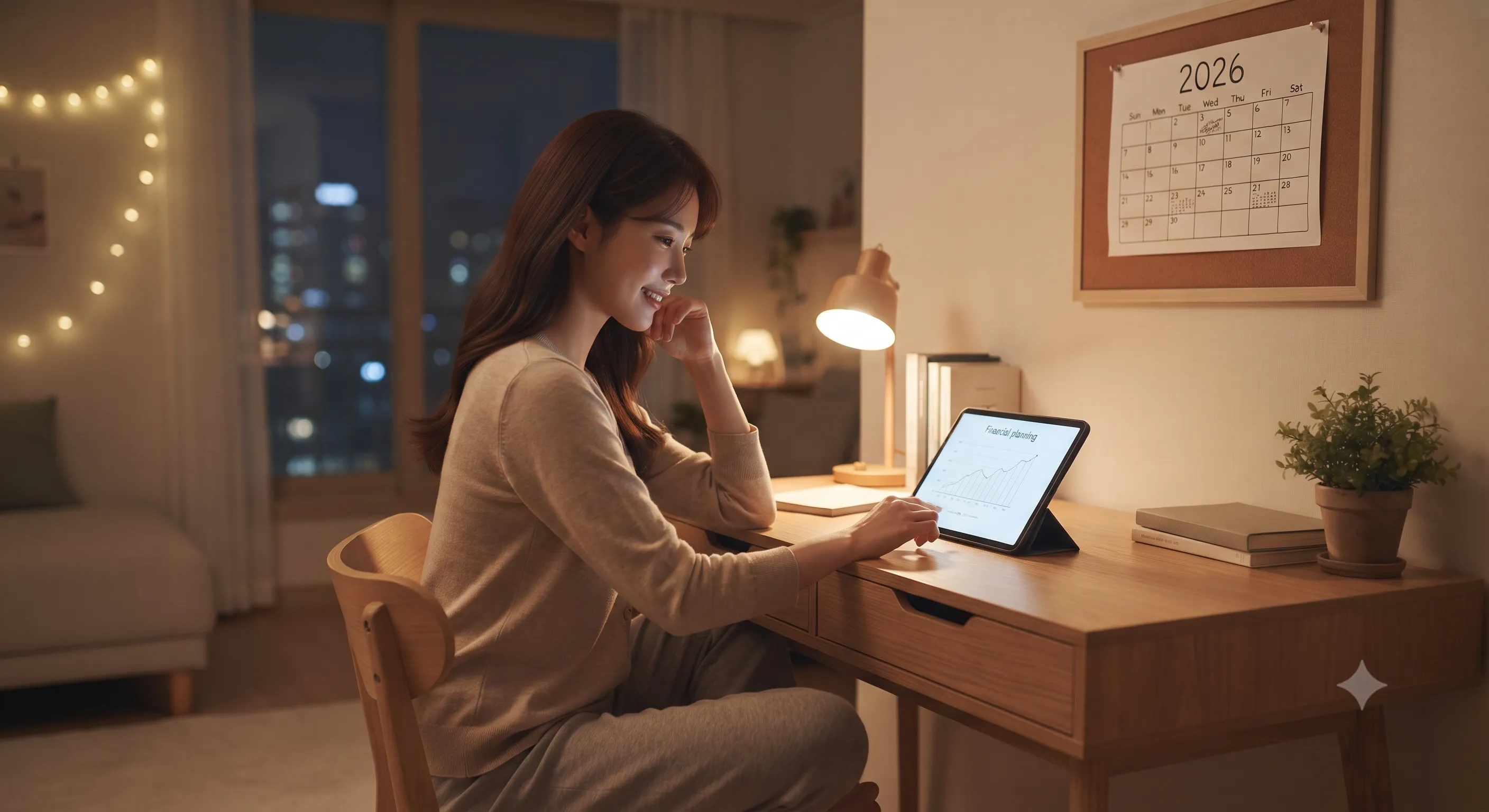 늦은 밤 집에서 태블릿 PC의 재무 계획 그래프를 보며 미소 짓고 있는 여성의 모습