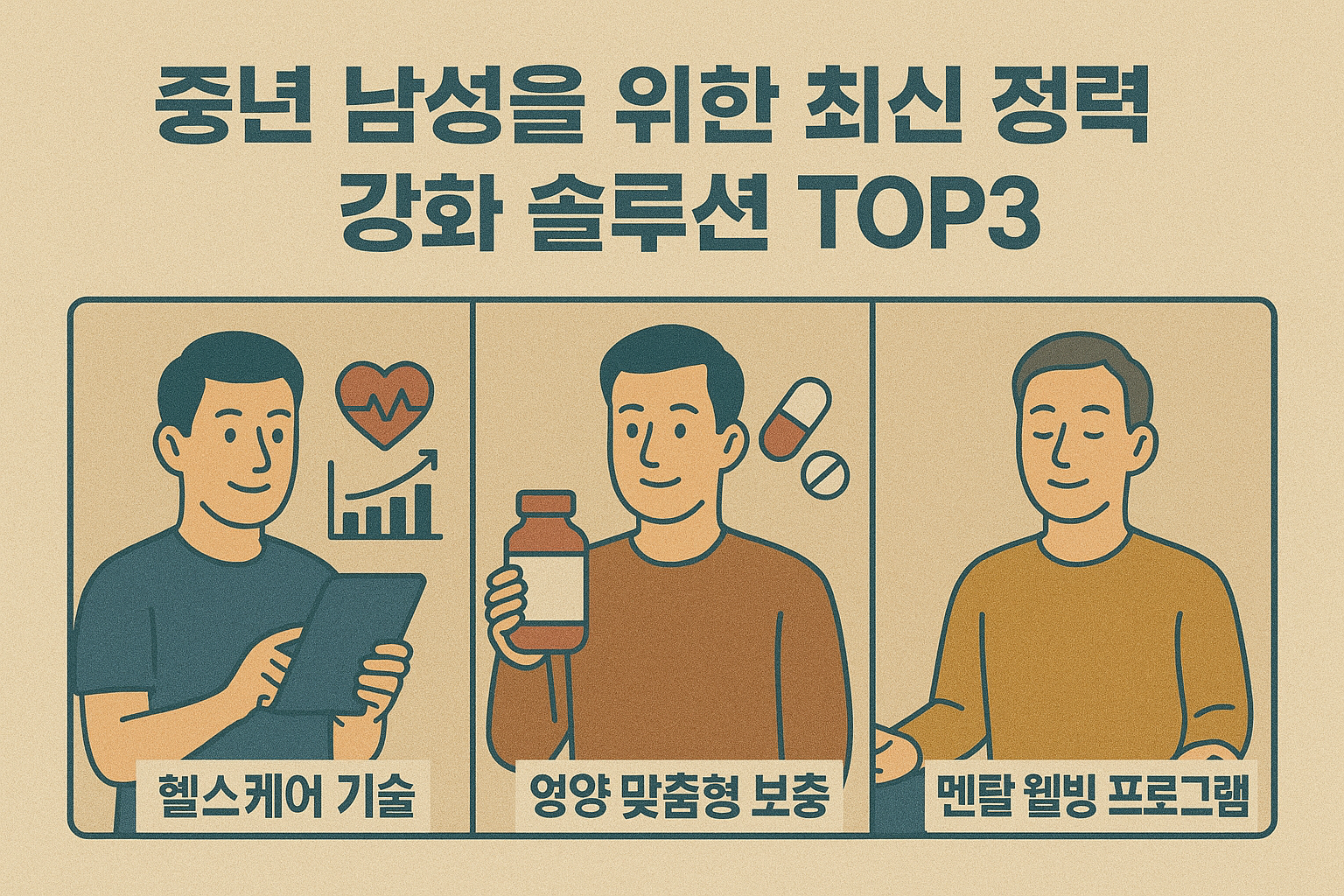 중년 남성을 위한 최신 정력 강화 솔루션 TOP3(헬스케어 기술, 영양 맞춤형 보충제, 멘탈 웰빙 프로그램)