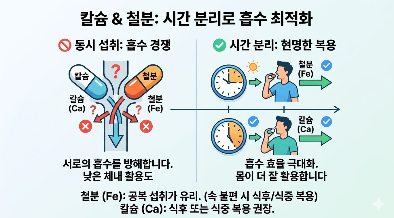 칼슘과 철분 동시 섭취 시 흡수 경쟁과 시간 분리 필요성