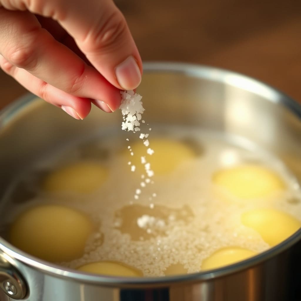 손가락으로 소금을 집어 냄비 안의 물에 뿌리는 모습입니다. 소금이 물에 녹아드는 듯한 효과를 주어 감자에 간이 배는 과정을 암시합니다.
