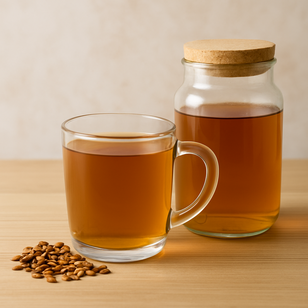 투명한 유리컵에 담긴 따뜻한 보리차와 병에 담긴 보리차가 나무 테이블 위에 놓인 모습. 보리 원두 몇 알이 함께 놓여 있다.