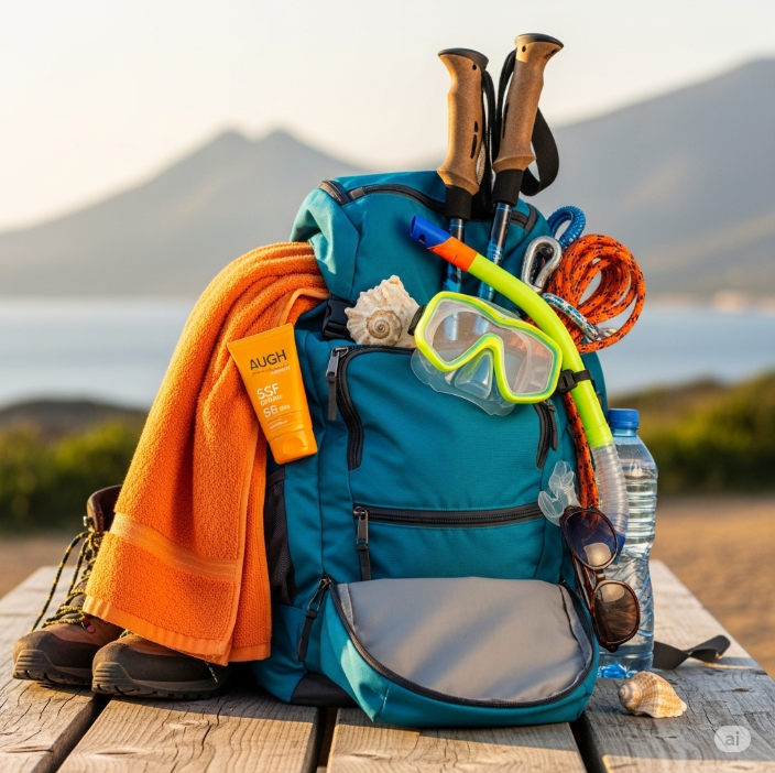 바다와 산을 모두 상징하는 소품들로 채워진 여행용 백팩. 등산용 스틱, 선크림, 비치 타월 등이 보인다