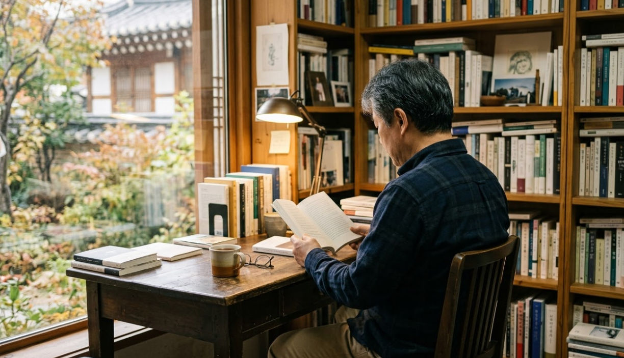 차분하게 독서하며 사색하는 중년의 뒷모습 사진