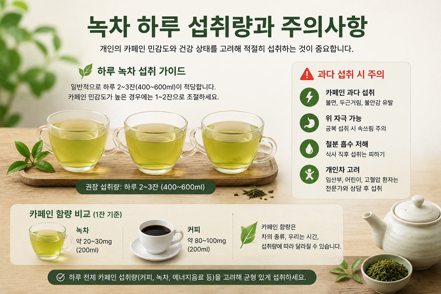 녹차 하루 섭취량과 카페인 섭취 주의사항을 설명하는 이미지