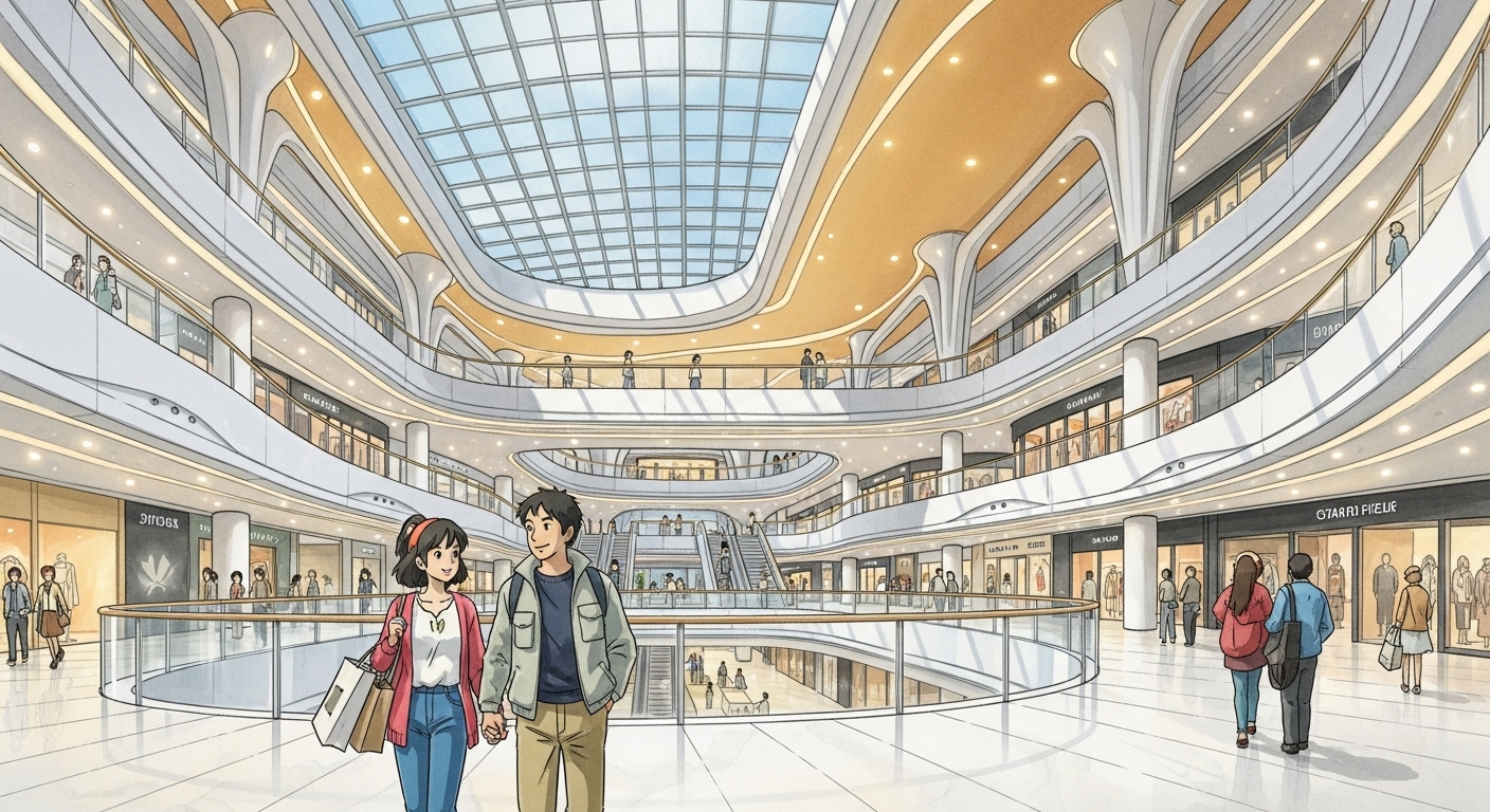 하남 스타필드의 넓고 밝은 실내 전경, 여러 층의 매장들과 유리 천장이 있는 현대적인 복합쇼핑몰