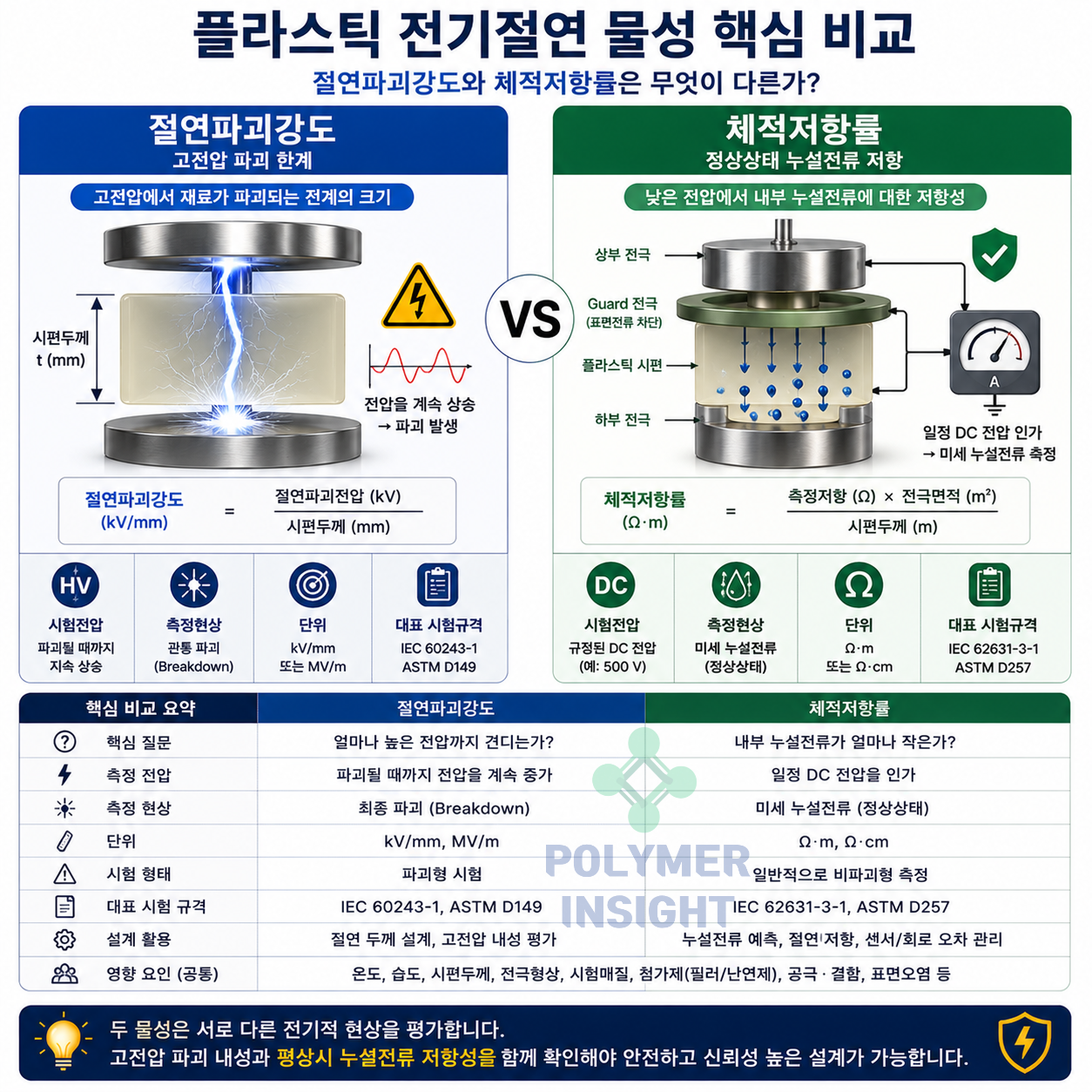 플라스틱 절연파괴강도와 체적저항률의 측정원리, 전압조건, 단위와 시험규격 차이를 비교한 인포그래픽