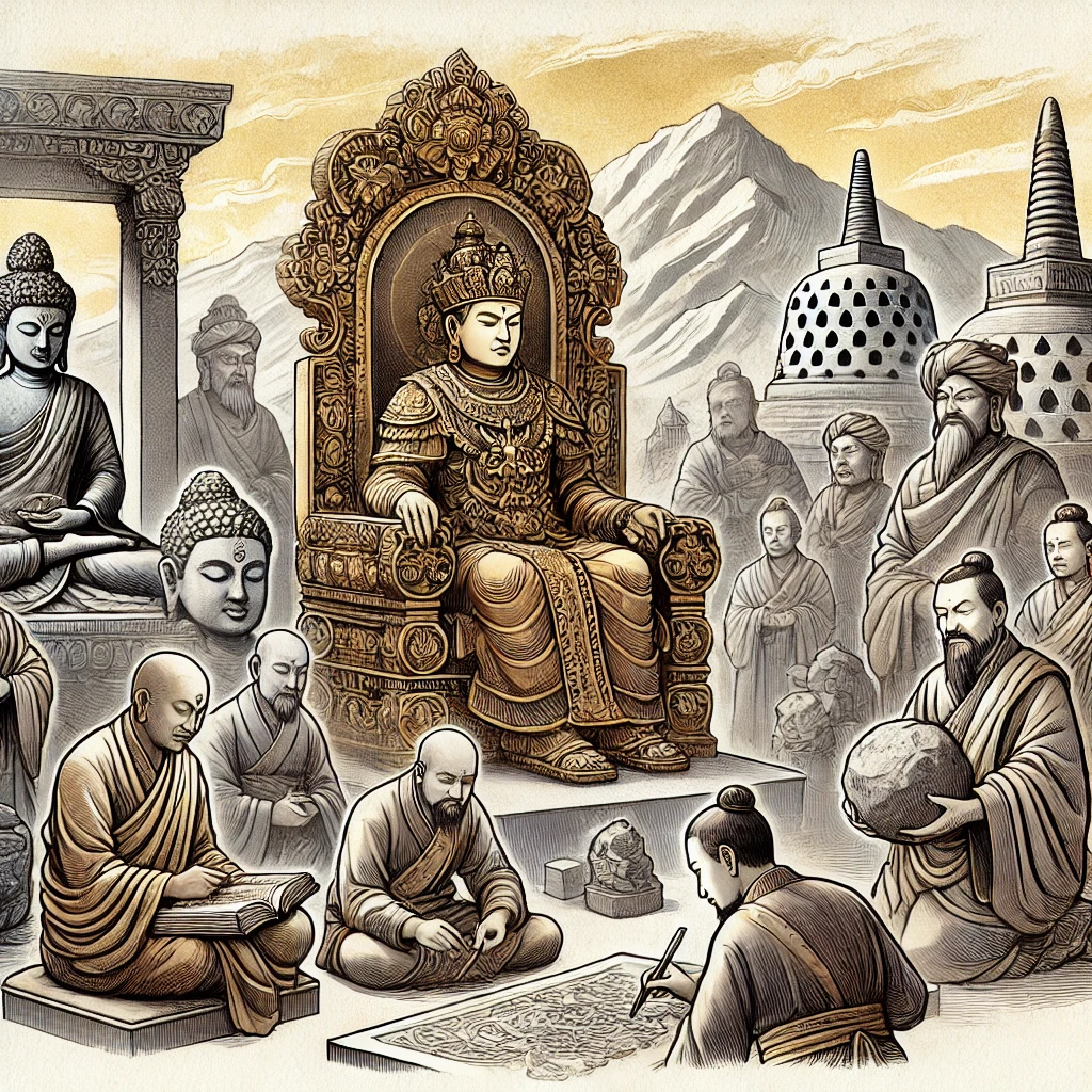 왕 카니슈카가 불상 조각가와 승려들