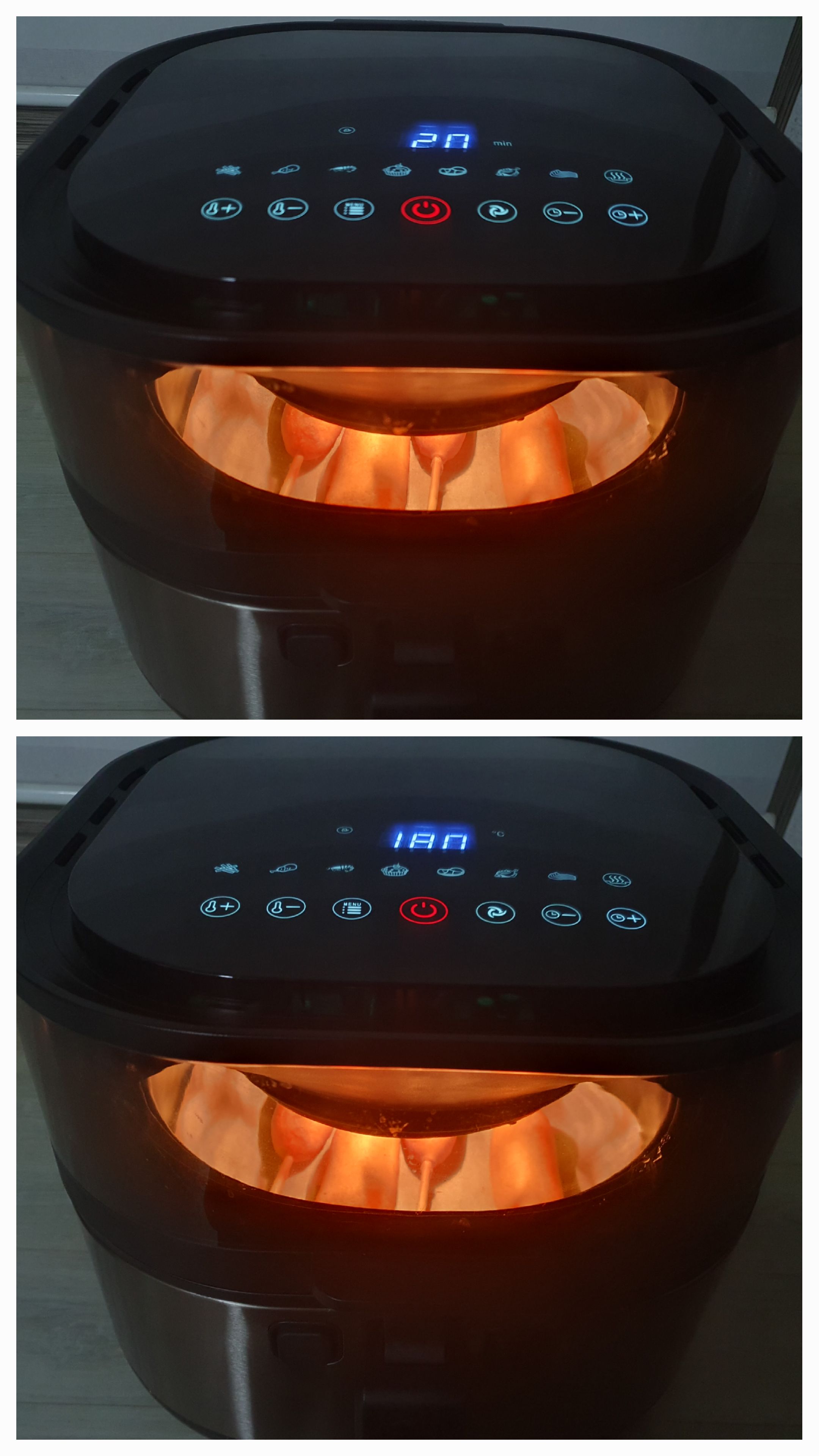 cj 고메 오리지널 핫도그 180도 20분, 추가로 뒤집에서 5분 추가로 조리함.