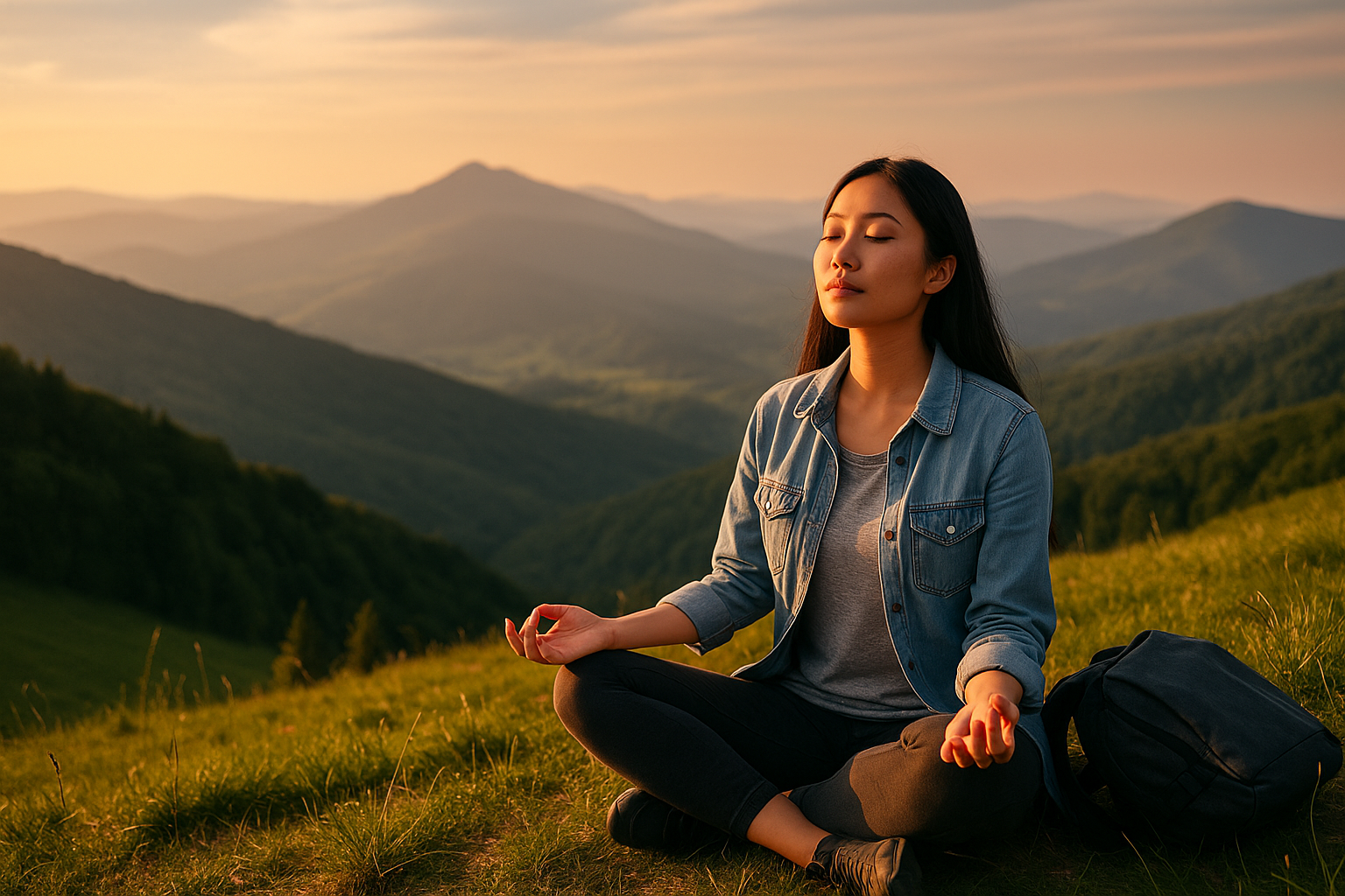산 중턱에서 명상하는 여성