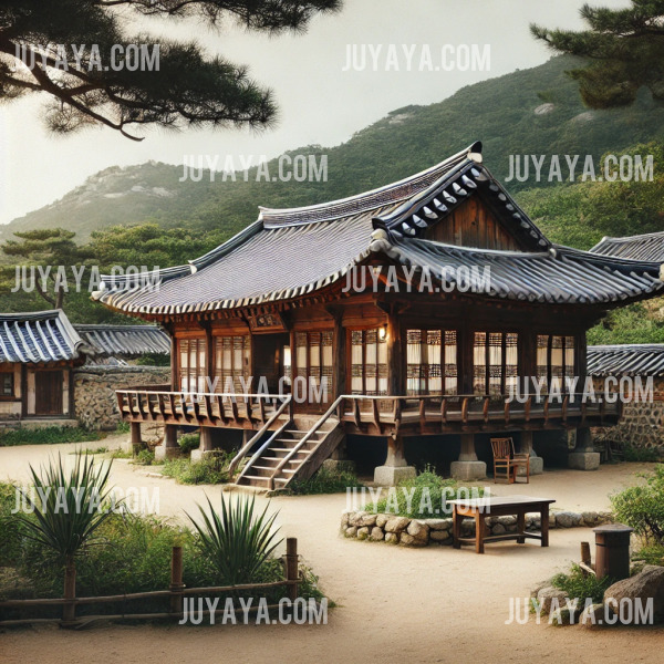 A traditional Korean style building on Cheongsando Island surrounded by peaceful nature.