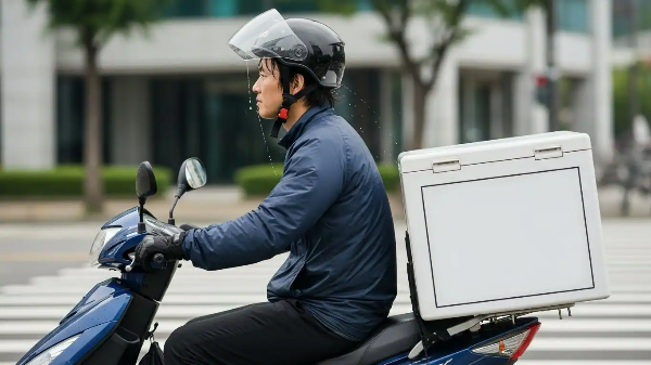남성이 헬멧을 착용하고, 스쿠터를 타고 배달을 하고 있는 모습