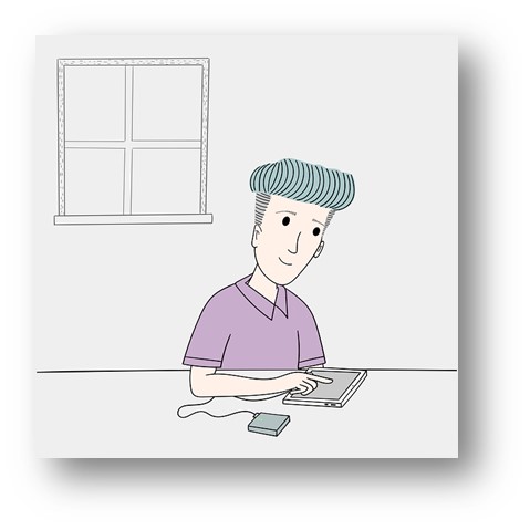 자신의 안드로이드 태블릿의 알림설정을 하고 있는 사람의 모습