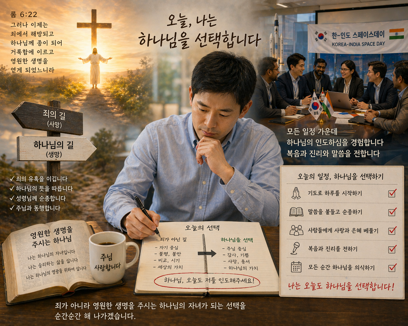 롬 6:22 말씀에서 죄가 아니라 영원한 생명을 주시는 하나님의 자녀가 되는 선택을 순간순간 해 나가야 할 것이 생각되었고, 오늘의 일정 가운데 하나님을 선택하는 모습입니다.