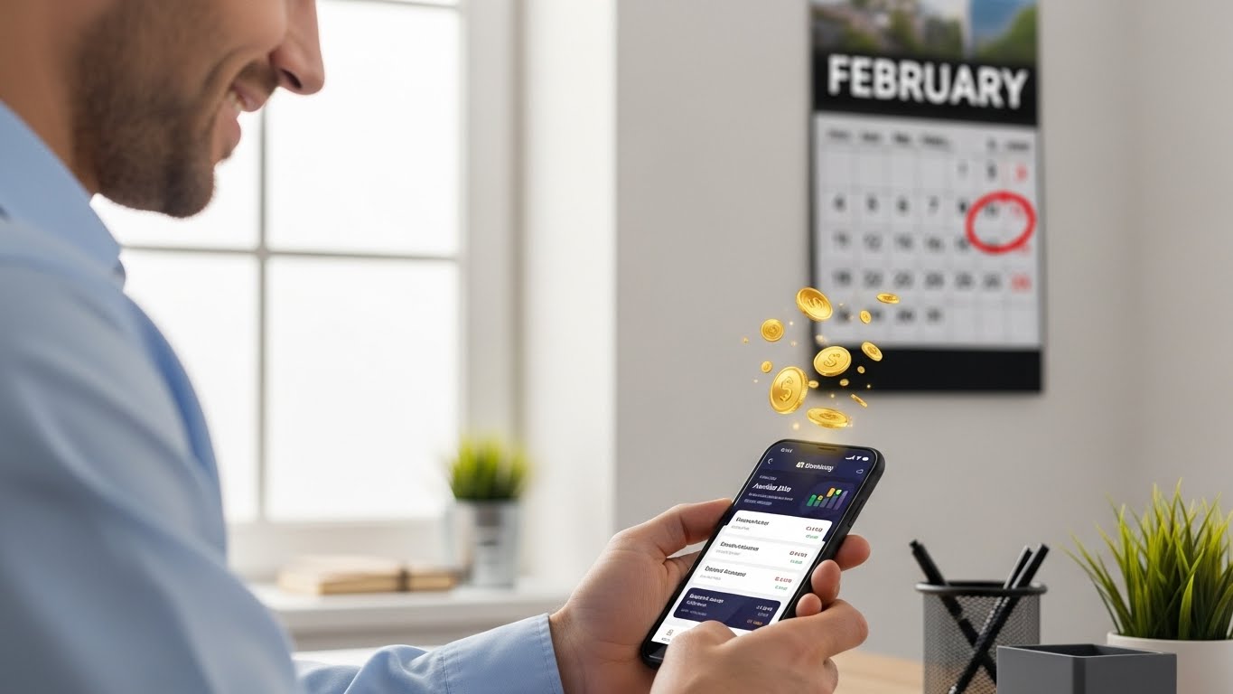 스마트폰 뱅킹 앱으로 2026년 연말정산 환급금 입금 내역을 확인하며 기뻐하는 직장인 모습