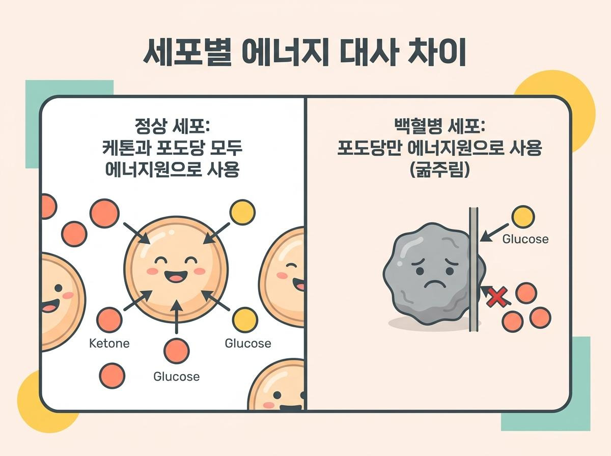 정상 세포와 백혈병 세포의 에너지 대사 차이를 나타낸 비교 일러스트