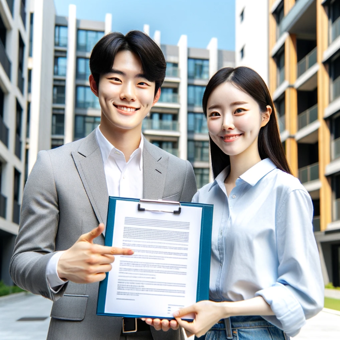 아파트 앞에서 서류를 들고 미소 짓는 청년 커플의 모습