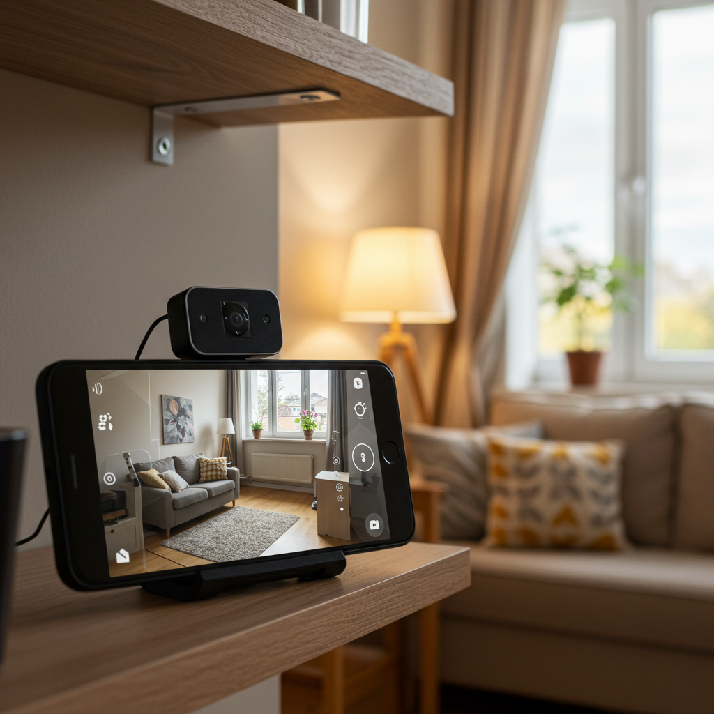 공기계를 집안 보안을 위한 CCTV로 사용하는 모습