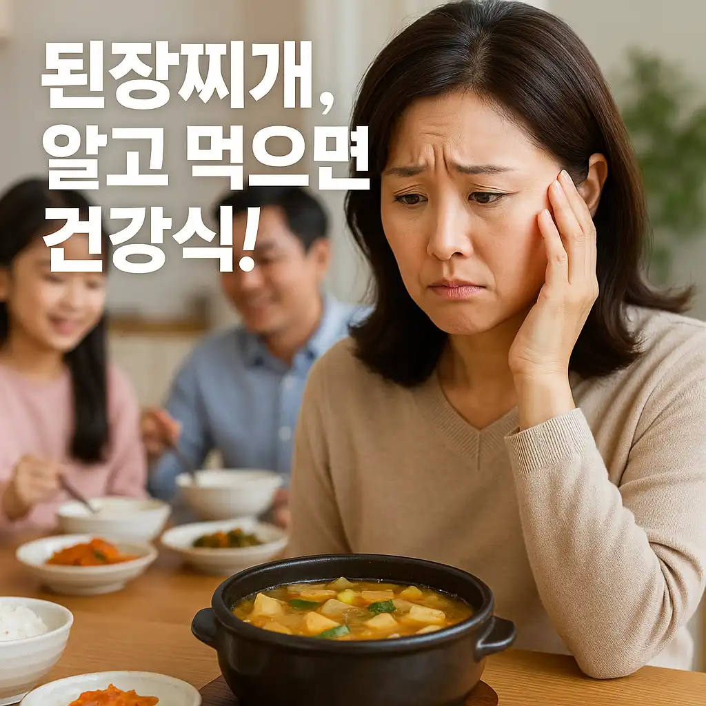 걱정스러운 표정으로 된장찌개를 바라보는 엄마 모습