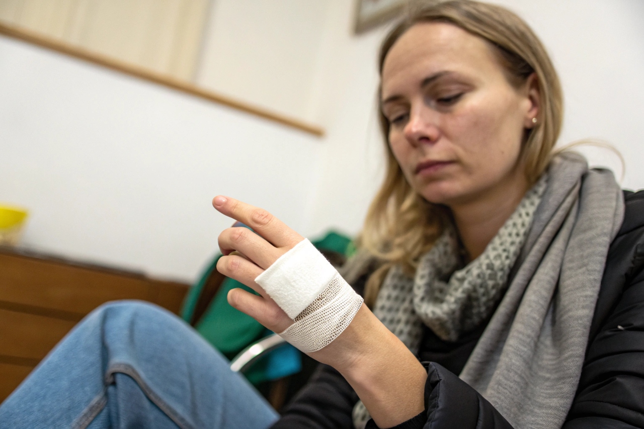 손등에 붕대를 감고 있는 여성