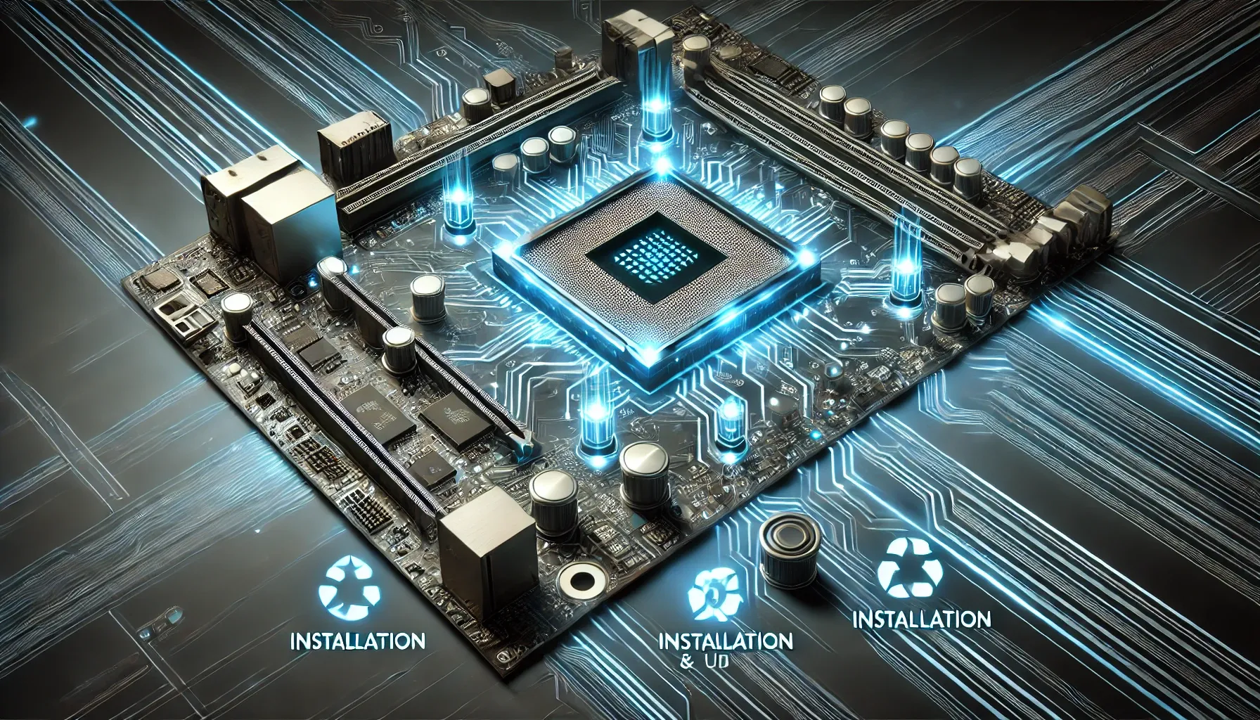 메인보드 드라이버 설치와 업데이트 과정을 강조한 미래적 이미지