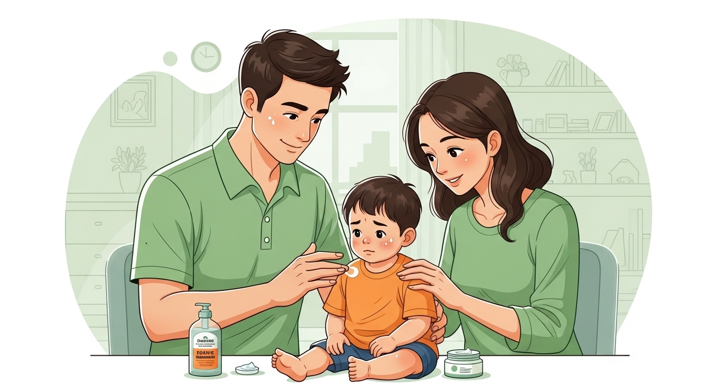 사랑스러운 부모가 아토피를 앓는 아이의 피부에 제로이드 인텐시브 크림MD를 부드럽게 발라주며 평생 관리하는 따뜻한 가족 모습. 아토피 관리, 피부 장벽 강화, 보습.
