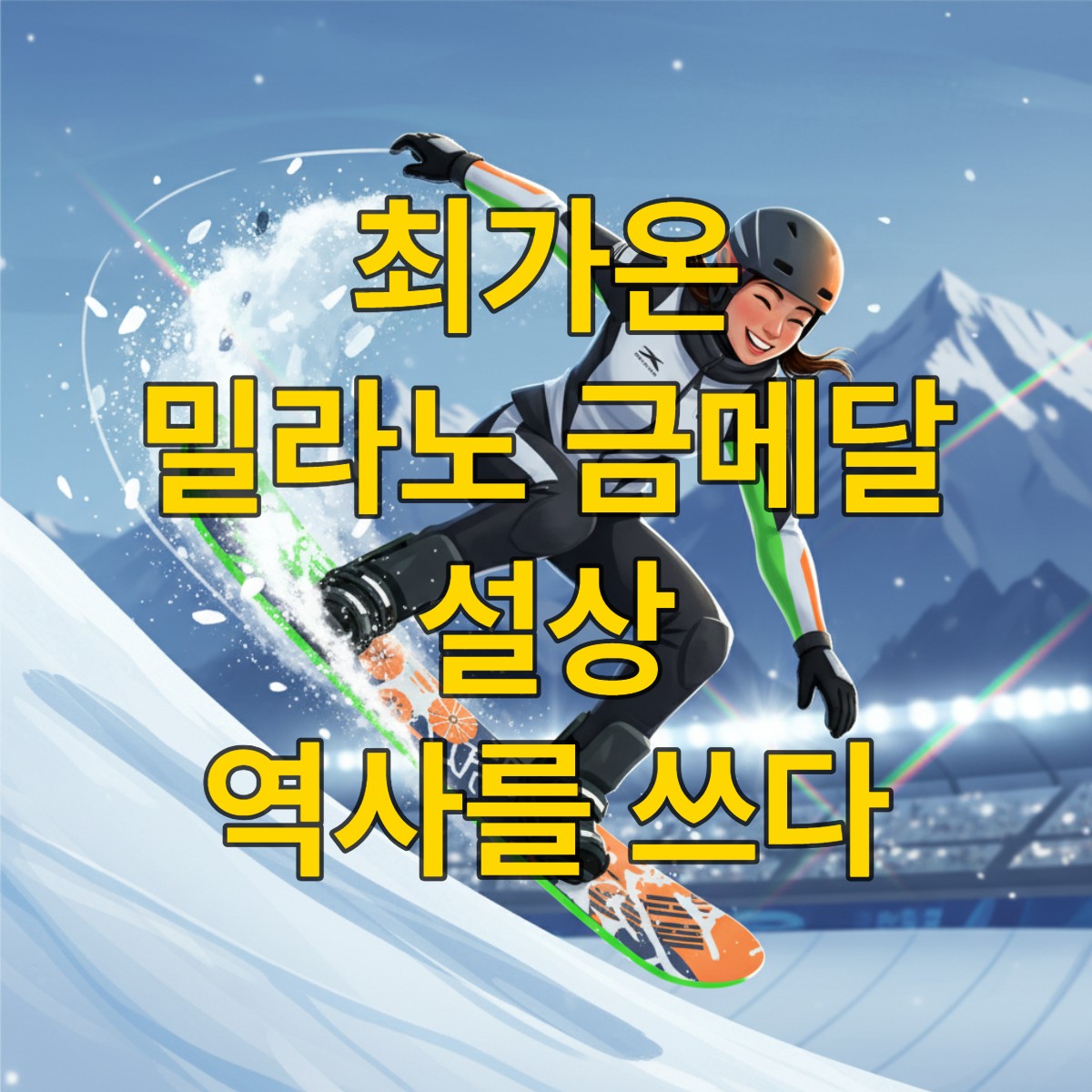2026 밀라노 동계 올림픽 스노보드 하프파이프에서 금메달을 획득한 최가온 선수가 900도 회전 후 환호하는 역동적인 모습.