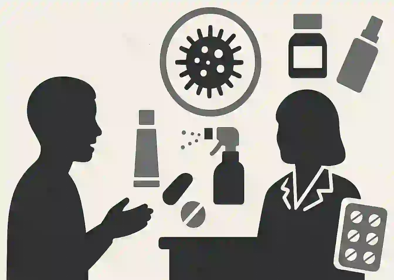 약국에서 무좀약을 구입하는 사람, 옆에는 여러 가지 약(연고, 크림, 스프레이, 알약) 아이콘이 흩어져 있는 장면, 중앙에는 곰팡이 아이콘 강조