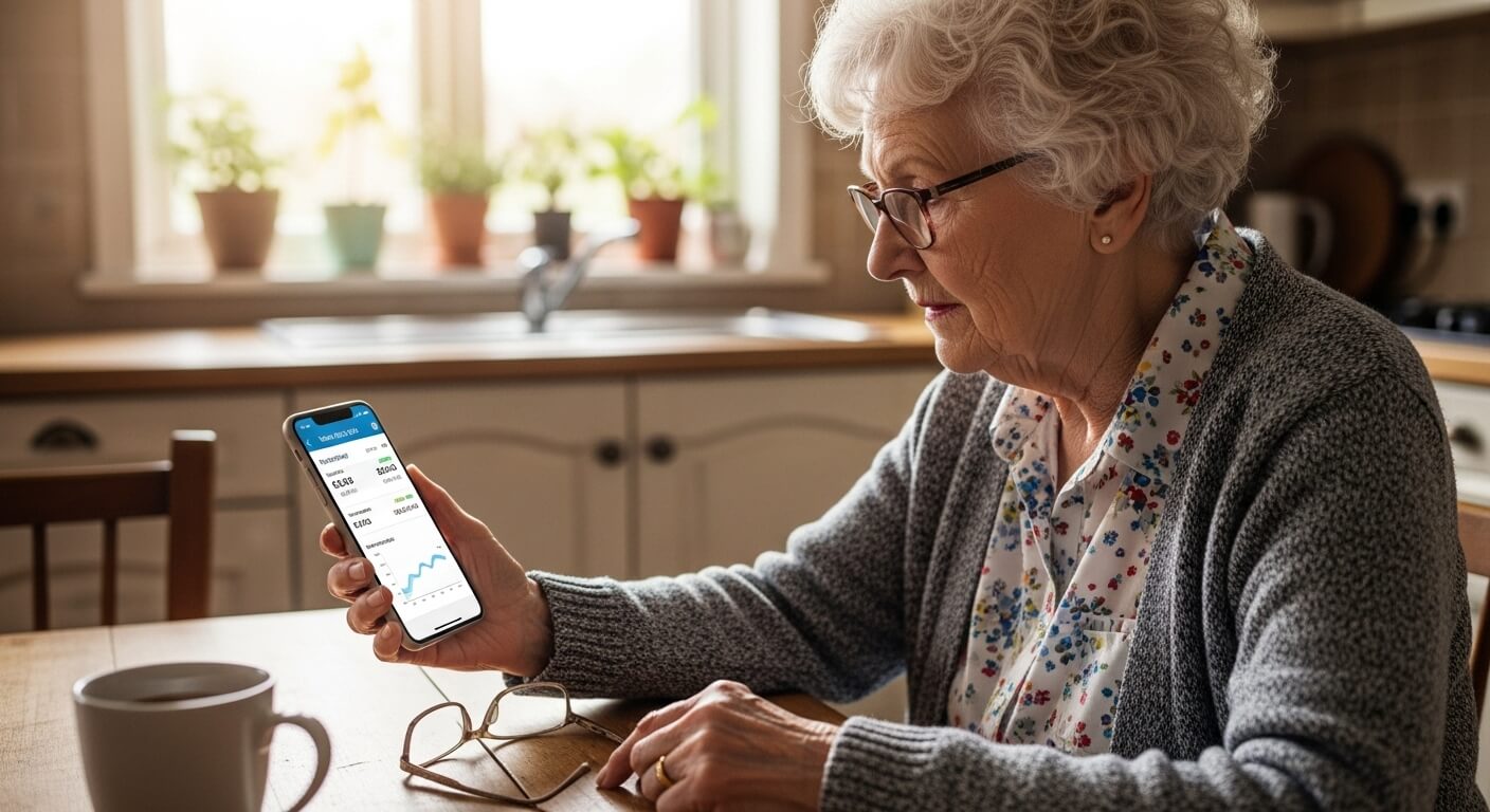 중년 여성이 스마트폰으로 요금 조회 앱을 확인하는 모습
