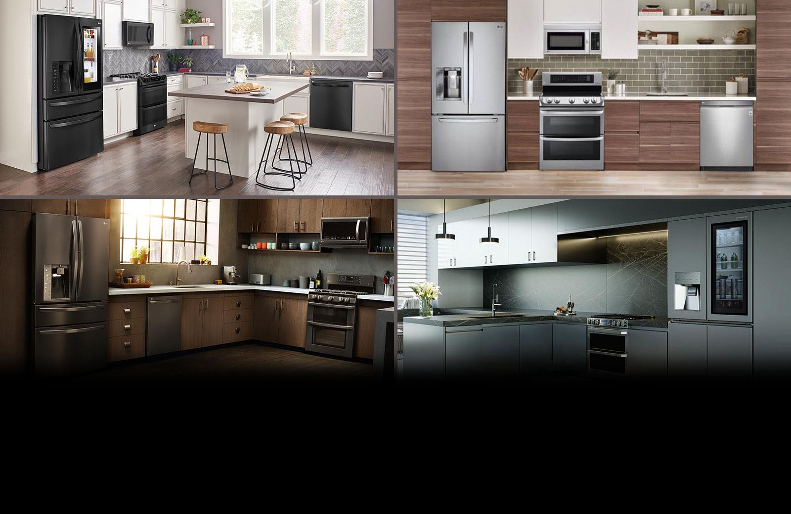 Modern kitchen set featuring stainless steel LG refrigerator, oven, microwave, and dishwasher