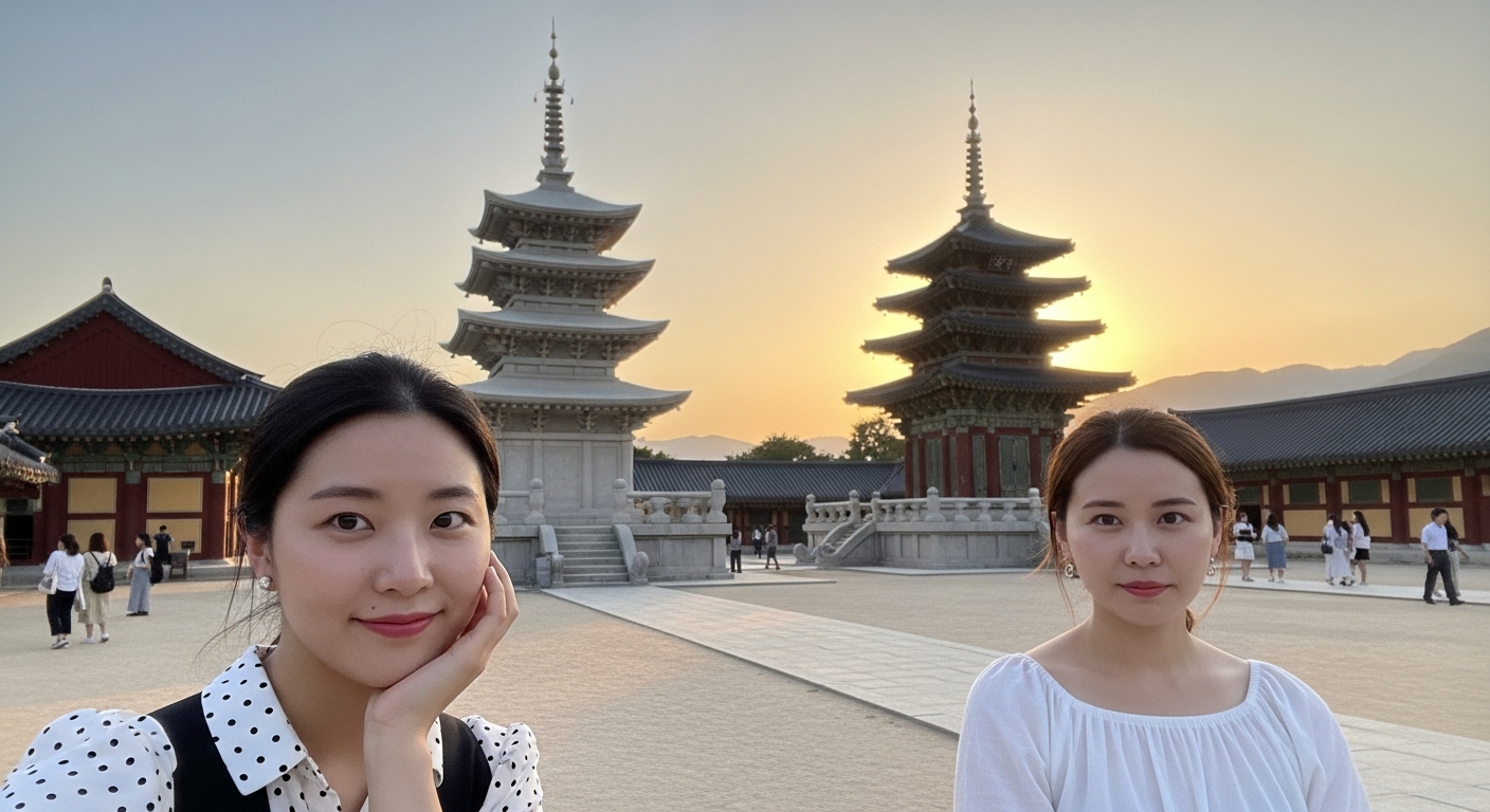 The magnificent and beautiful scenery of Bulguksa's courtyard at sunset, where the splendid Dabotap and the elegant Seokgatap stand together.