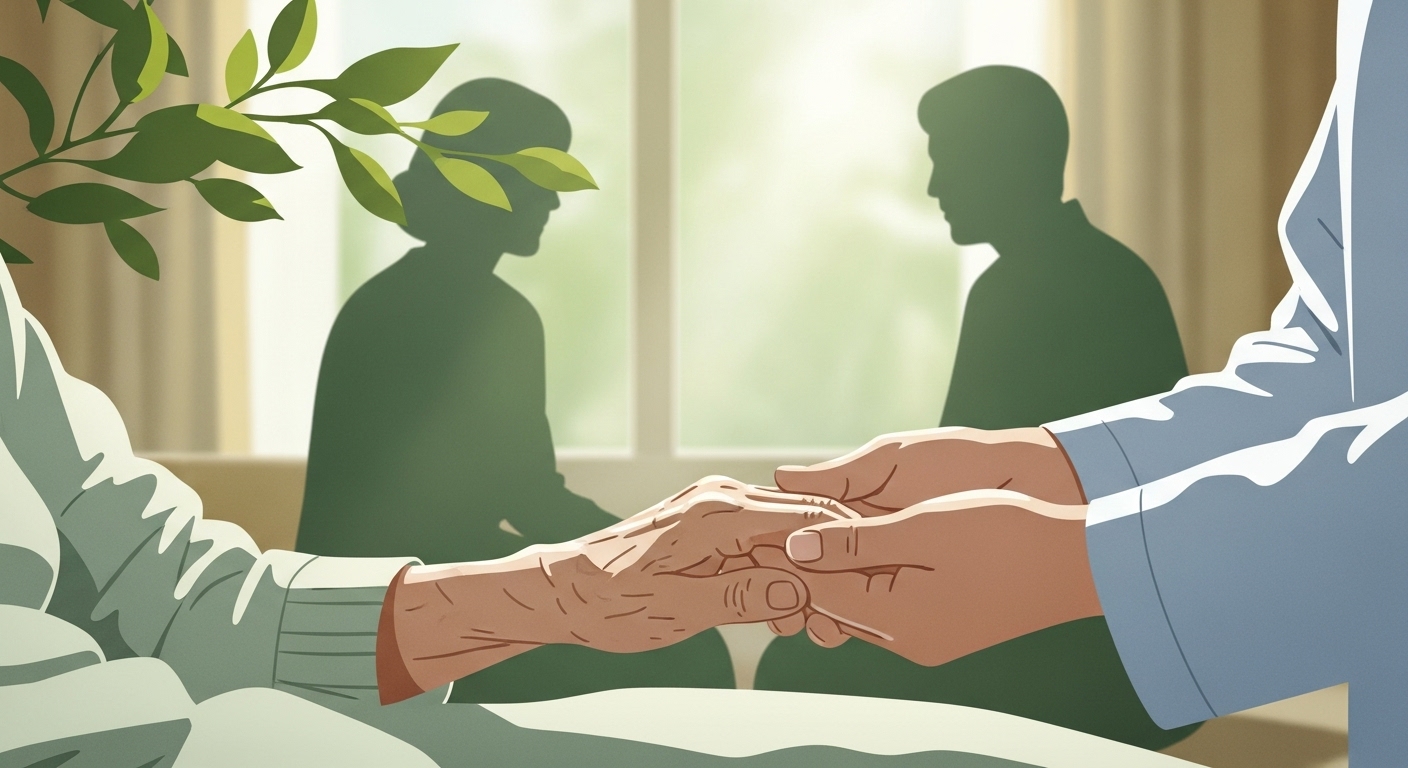 따뜻한 햇살이 비추는 평화로운 공간에서 요양보호사의 손을 잡고 있는 환자의 손. 존엄한 죽음과 호스피스 완화 의료를 상징하는 이미지.