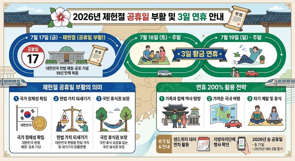 2026년 제헌절 공휴일 부활 및 3일 연휴 안내 인포그래픽