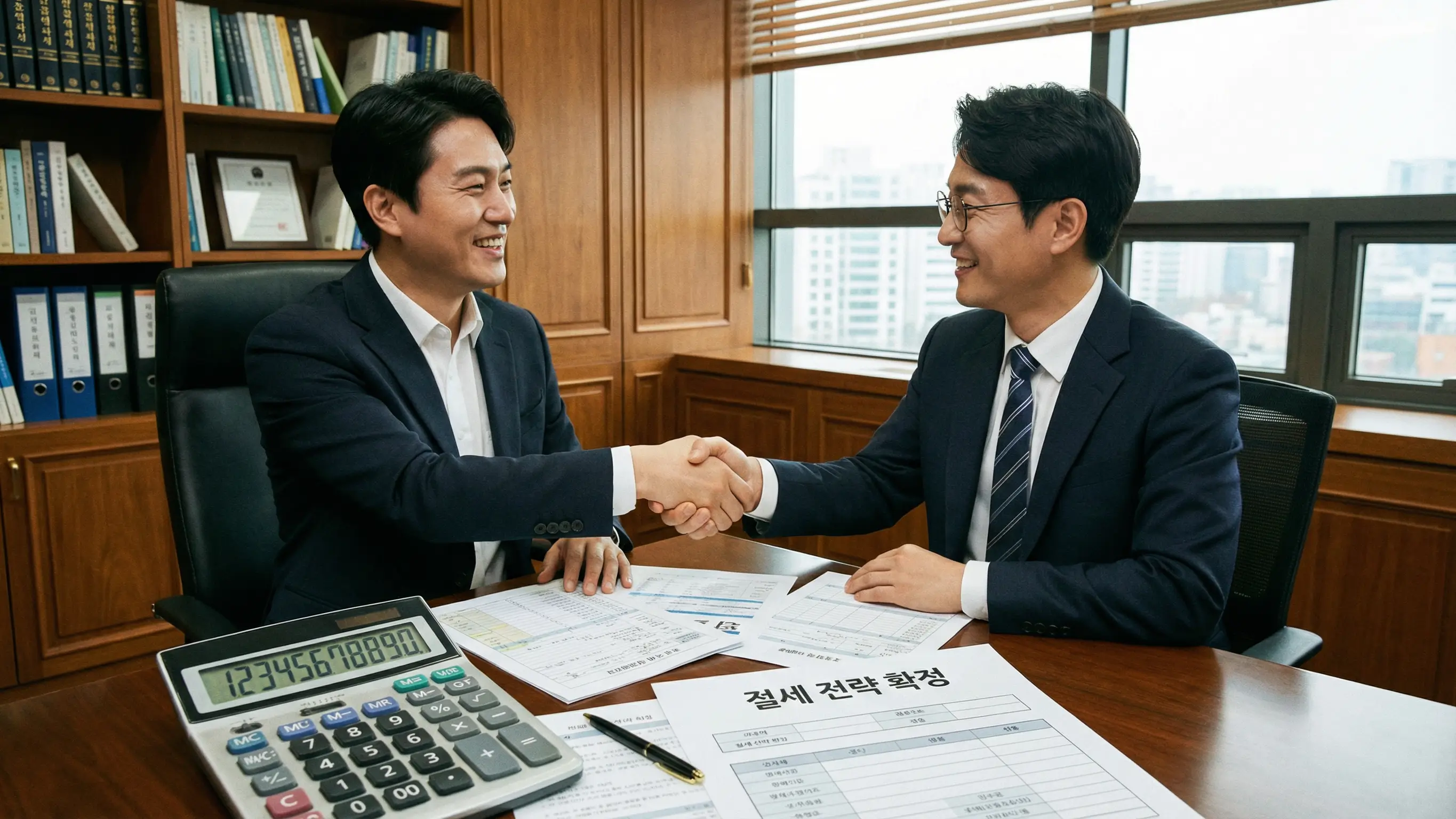 세무 전문가와 함께 계산기 결과를 검토하며 절세 전략을 확정하고 악수하는 성공적인 모습