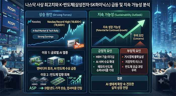나스닥 최고치와 K-반도체 급등 원인 및 지속 가능성 분석 인포그래픽.