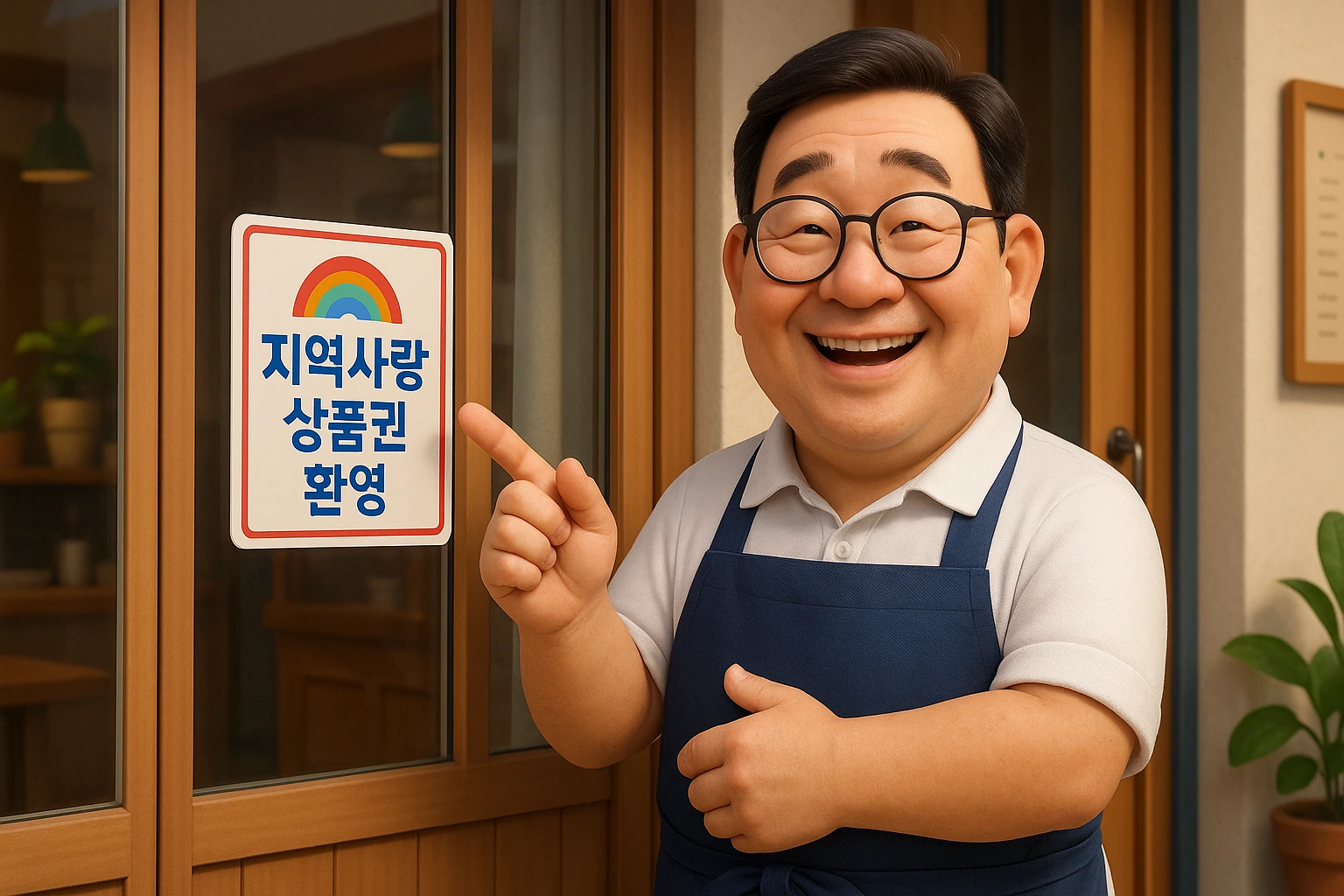 가게 입구에 지역사랑상품권 환영 스티커를 붙이고 밝게 웃고 있는 외식업 사장님