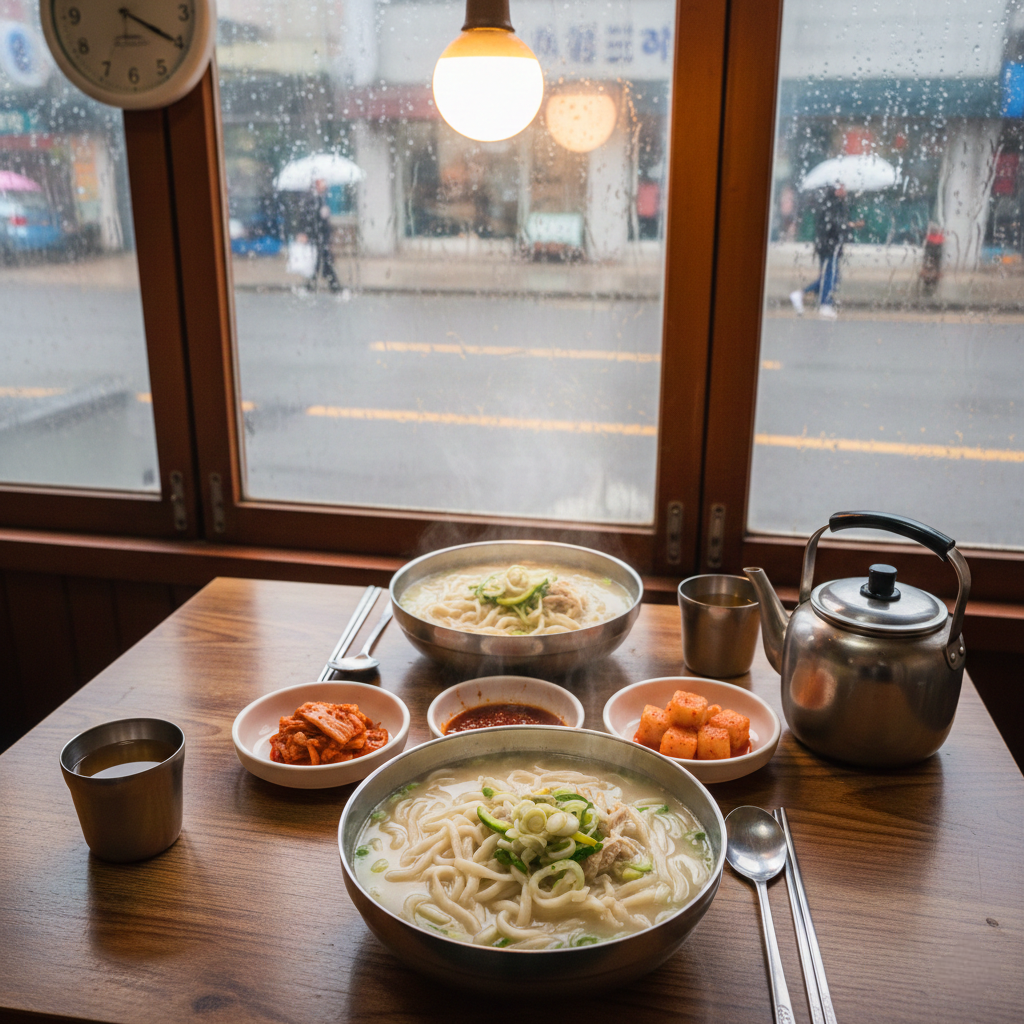 나무 테이블 위에 놓인 김이 모락모락 나는 바지락 칼국수 한 그릇과 겉절이 김치가 어우러진 정갈한 상차림