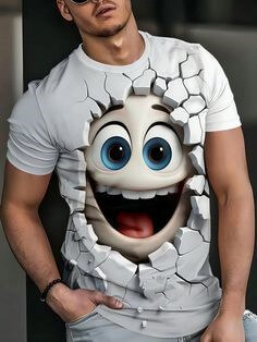 하얀-벽돌이-깨진틈으로-스마일이-웃고있는-그림이-그려진-티를-입고있는-남자