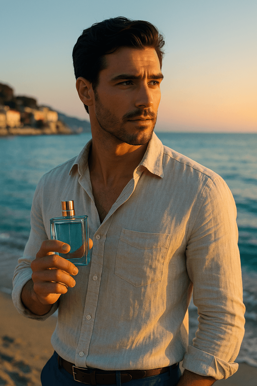 지중해 해변 일출을 배경으로 린넨 셔츠 차림의 남성이 블루 컬러 향수 병을 들고 있는 모습