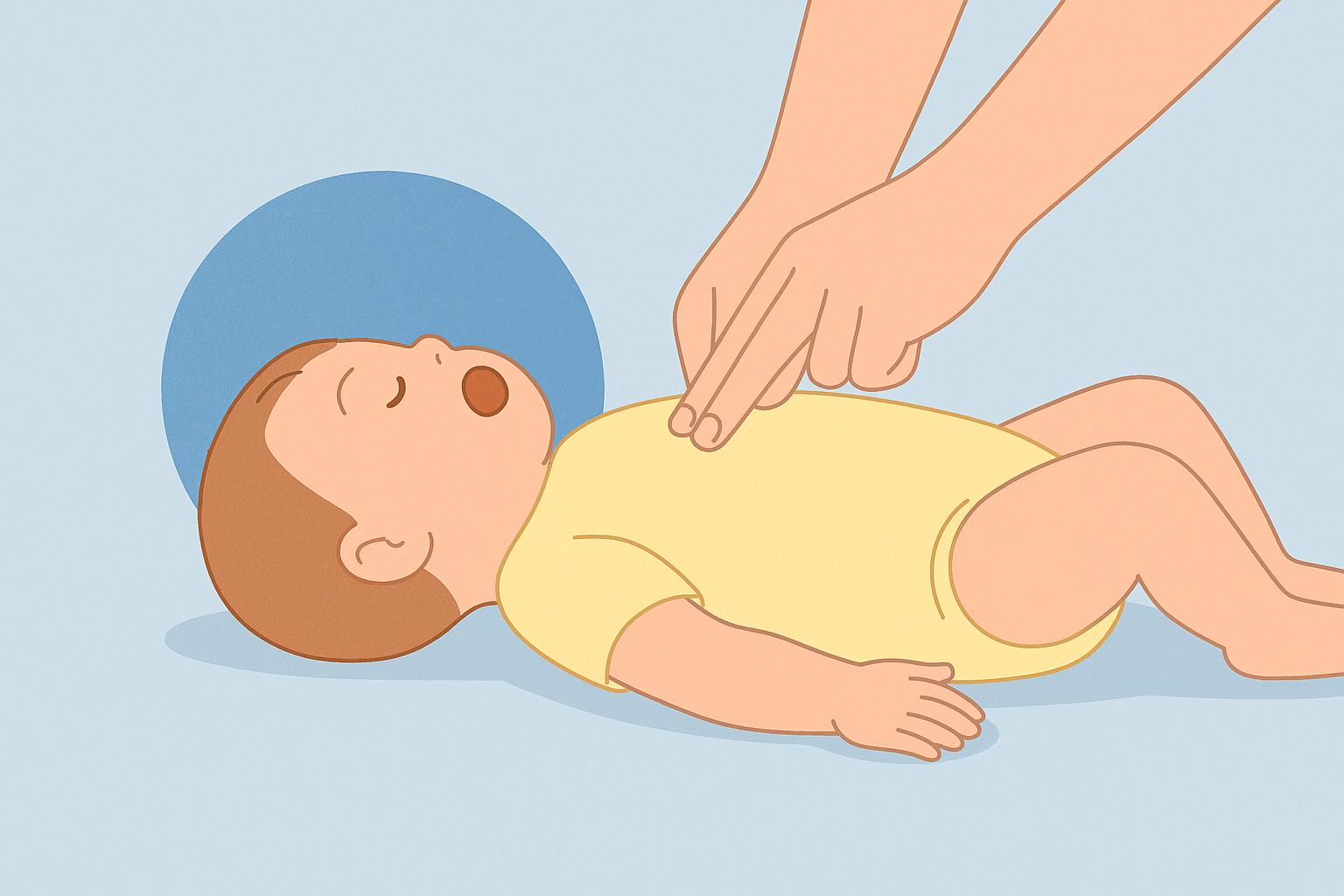 유아 흉부를 손가락 두 개로 압박하는 CPR 시연 장면